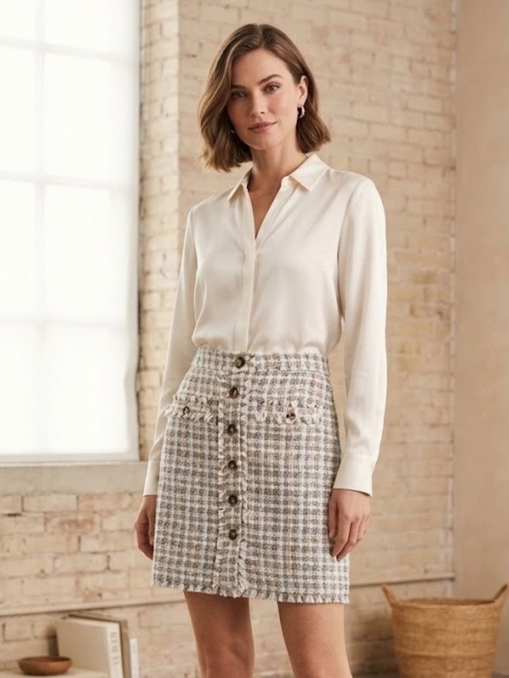 Ann Taylor Ivory and Gray Tweed Button-Front Mini Skirt